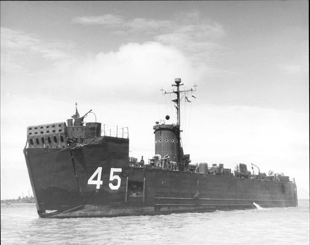 Holt served as a 20mm gunner aboard a Landing Ship, Medium (LSM), such as the one pictured above, in the Pacific during the Second World War. U.S. Navy photo.