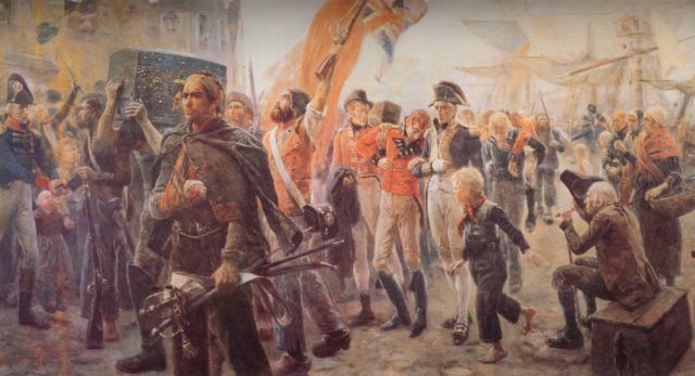 French privateer crews, or corsairs, returning home with captured goods, and British prisoners;