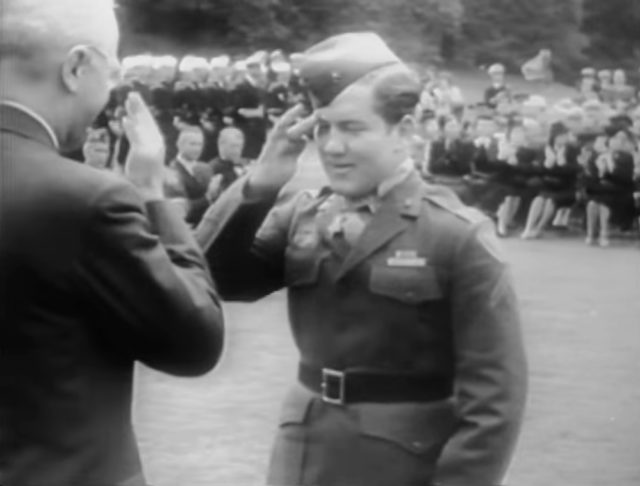 Lucas receiving the Medal of Honor from President Harry S. Truman