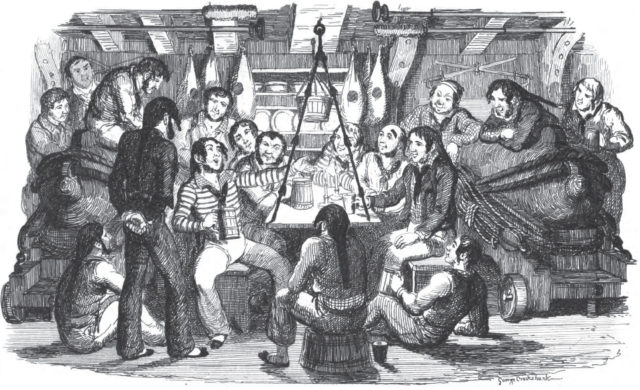A sketch of life below decks. Drink, singing, and camaraderie were the only respites available after a long day of hard work;