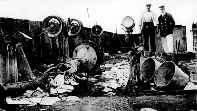 Aftermath: The destroyed bridge of the Carmania. The constant barrage by Cap Trafalgar made it almost impossible to stay above deck on the British ship;