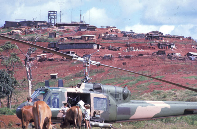 A US Air Force Bell UH-1P helicopter of the 20th Special Operations Squadron “Green Hornets” at a base in Laos in 1970.