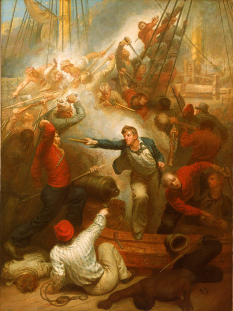 Rogers finally subdues the French crew. Paintings like this and descriptions in newspapers made Rogers an overnight success story and provided the nation with a high morale boost after decades of war;