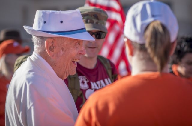 Retired U.S. Army Col. Ben Skardon, 99, a survivor of the Bataan Death March, shares a laugh with supporters during the Bataan Memorial Death March at White Sands Missile Range, March 19, 2017. (U.S. Army Reserve photo by Staff Sgt. Ken Scar).