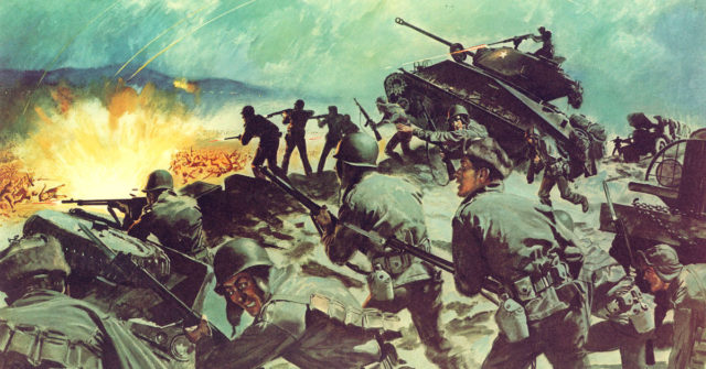 U.S. Army poster illustrating the en:Battle of Chipyong-Ni, a part of the Korean War.