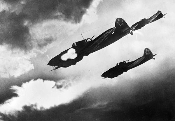 Soviet Il-2 planes attacking a German column. Photo Credit