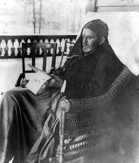 Grant working on his memoirs in June 1885, less than a month before his death
