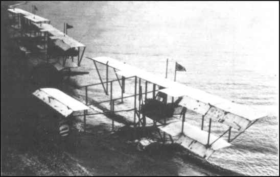 A Farman Seaplane. The small canvas and wood aircraft were the first planes ever to attack a ship.