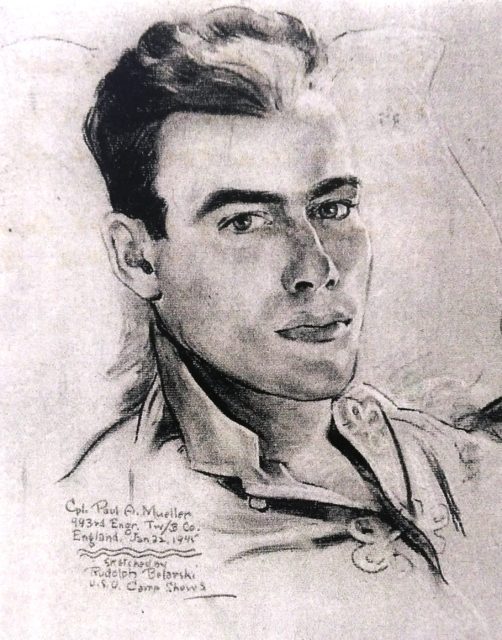 This drawing of Mueller was sketched in 1945 by a USO artist while the young soldier was recovering from his injuries at a hospital in England. Courtesy of Faye Belshe.