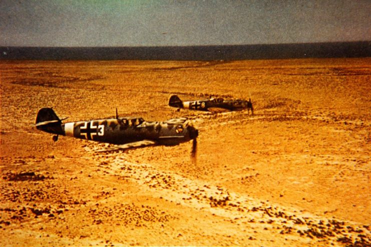 German Messerschmitt Me 109E fighters from I/Jagdgeschwader 27 (1st Group, 27th Fighter Wing) in flight over North Africa, circa 1941.