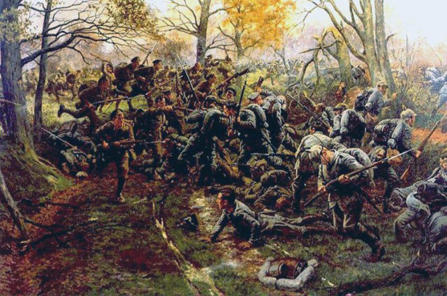 William Barnes Wollen’s depiction of the First Battle of Ypres, showing the 2nd Ox & Bucks defeating the Prussian Guard.