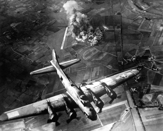 The US 8th Air Force bombing the Focke Wulf factory in Marienburg, Germany.
