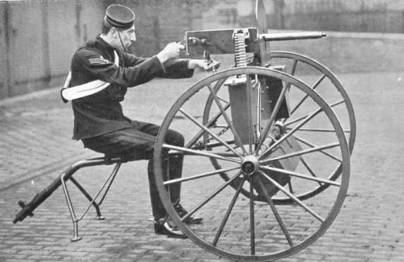 Maxim machine gun mounted on a Dundonald gun carriage.