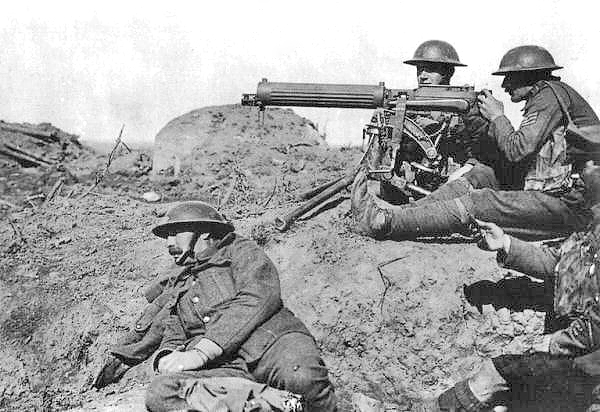 A Vickers machine gun crew in action at the Battle of the Menin Road Ridge, September 1917.