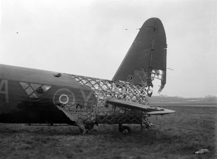 Damaged Vickers Wellington showing burnt and missing fabric covering.