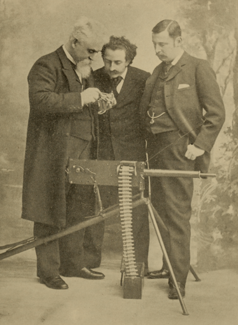Image from the April 1895 edition Cassier’s Magazine, showing Hiram Maxim and the Maxim gun, along with Louis Cassier and J. Bucknall Smith.