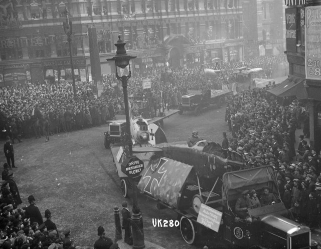 A captured Albatros D.III paraded through London, November 1918.