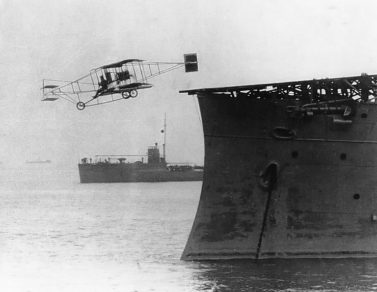 Ely takes off from the USS Birmingham, Hampton Roads, Virginia, November 14, 1910.