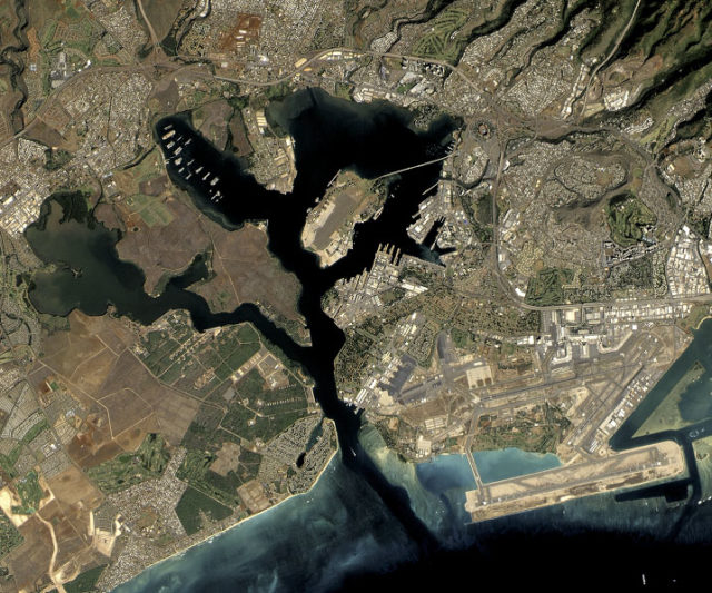 A NASA image of Pearl Harbor. The disaster occurred in West Loch which is to the left side of the photo, where the water is slightly green.