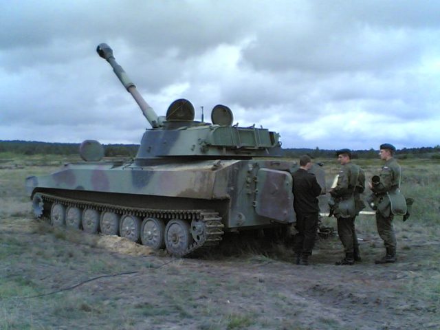 Polish Land Forces Self-propelled howitzer 2S1 “Gvozdika” in artillery range.