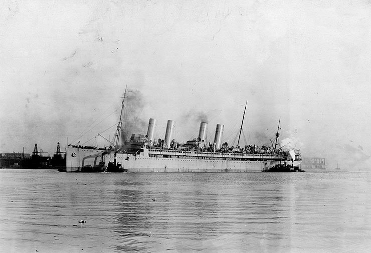 USS Mount Vernon in Boston Harbor, 1919. After receiving repairs to damage inflicted on her hull by U-82 during Action of 5 September 1918.