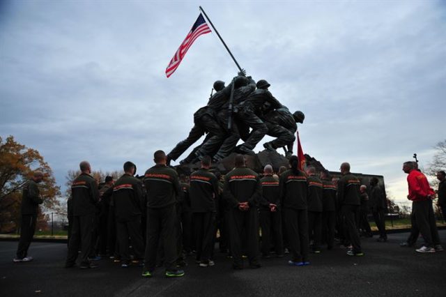 MArines from a sergeant’s course form up for a run at the Memorial at Quantico. Photo by Lance Cpl. Cuong Le.