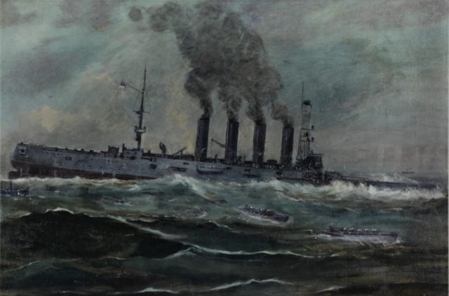 USS San Diego (Armored Cruiser No. 6). Painting by Francis Muller, 1920. It depicts the ship sinking off Fire Island, New York, after she was torpedoed by the German submarine U-156, 19 July 1918. U.S. Navy Photo of a work in the Navy Art Collection courtesy of Naval History and Heritage Command.
