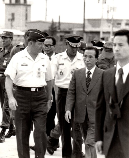 The late Major General Don D. Pittman, left, a native of Jefferson City, escorted then-South Korean President Park Chung Hee on a tour of Osan Air Base, Korea in 1976. Courtesy of Debbie Pash-Boldt.