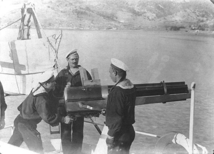 A Hotchkiss 47 mm revolving cannon on the Imperial Russian gunboat Donets.