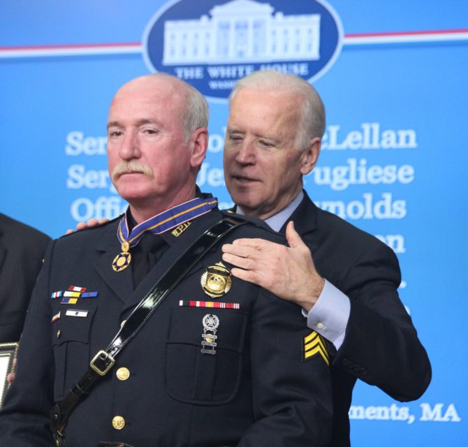 Former Vice President Joe Biden presents Watertown, Massachusetts, Police Sergeant Jeffrey Pugliese with a Congressional Medal of Valor in 2015. Pugliese will be an honored guest during the Operation Bugle Boy dinner in Jefferson City next week. Courtesy of Jeffrey Pugliese.