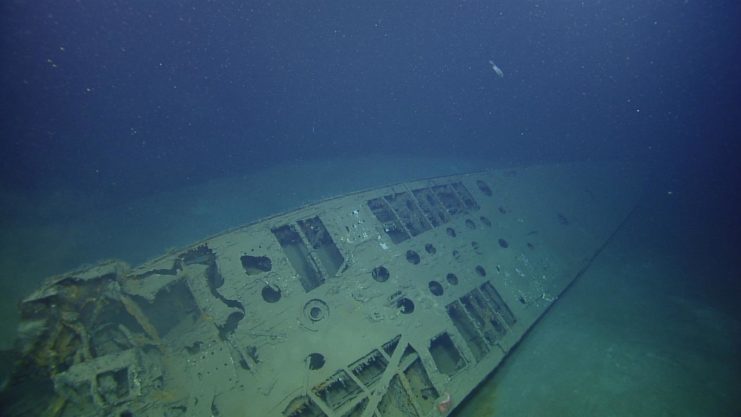 This view of the bow wreckage of U-166 was taken in July 2014 and shows the evidence of the violent damage that caused by PC-566’s depth charge attack on July 30, 1942.
