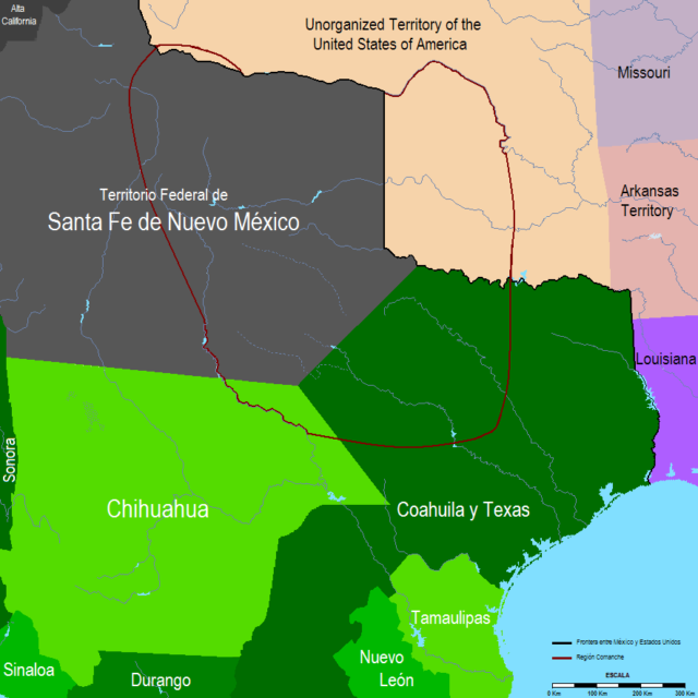 Mapa de Mexico en 1832 donde se muestra la Region Comanche. Hpav7 CC0 1.0