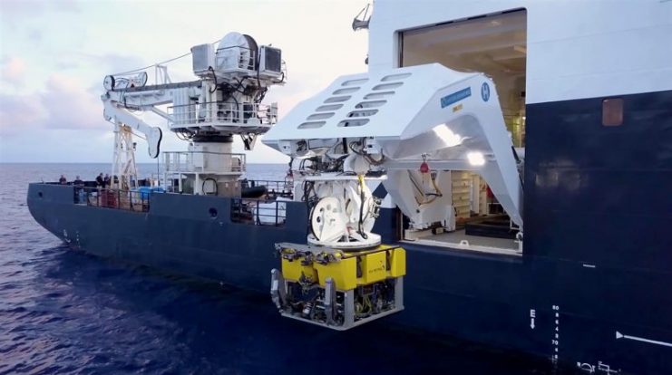 The BXL79 ROV is deployed from the R/V Petrel. The remotely operated underwater vehicle can conduct missions up to 7,000 meters deep. Photo courtesy of Paul G. Allen