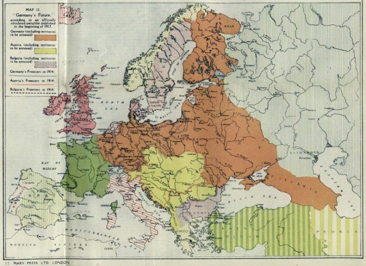 These are the frontiers of Europe that the Central Powers planned to dictate after the defeat of the Allied powers. Germany expected to annex all of Belgium and Luxembourg, the northeastern part of France, all of Russian Poland, the Russian Baltic coast, Finland, Ukraine, the Crimea, and the Caucasus region. Austria would annex all of Montenegro and Albania and partition Serbia with the Bulgarians. Romania would be partitioned among Germany, Austria, and Bulgaria. It was a draconian peace that would have made the Paris peace treaties, including Versailles, seem generous by comparison. These annexations were drawn up in January 1917 as part of the peace terms presented to the Allies. President Wilson, who hoped to broker a peace without victory, was not surprised when they were rejected.
