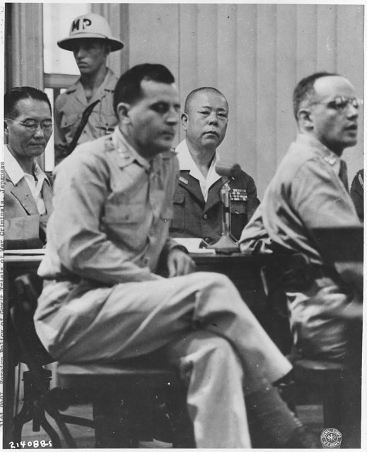 Yamashita (second from right) at his trial in Manila, November 1945