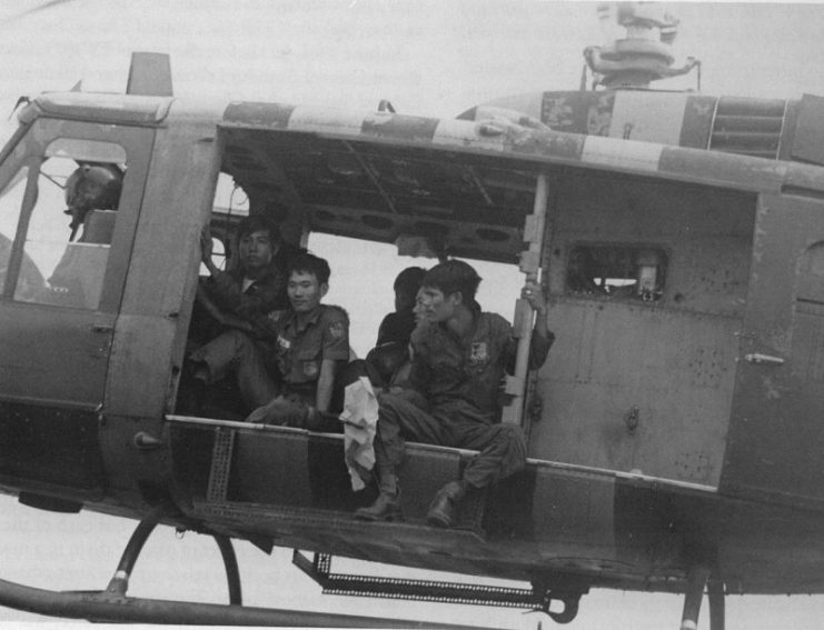 The UH-1 helicopter, shown here, could carry a flight crew and 12 soldiers. The South Vietnamese operated 861 UH-1s; helicopters totaled more than 40 percent of RVN aircraft.