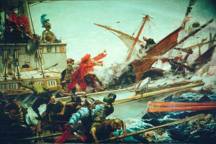Don Juan of Austria in the Battle of Lepanto, at the bow of the ship.