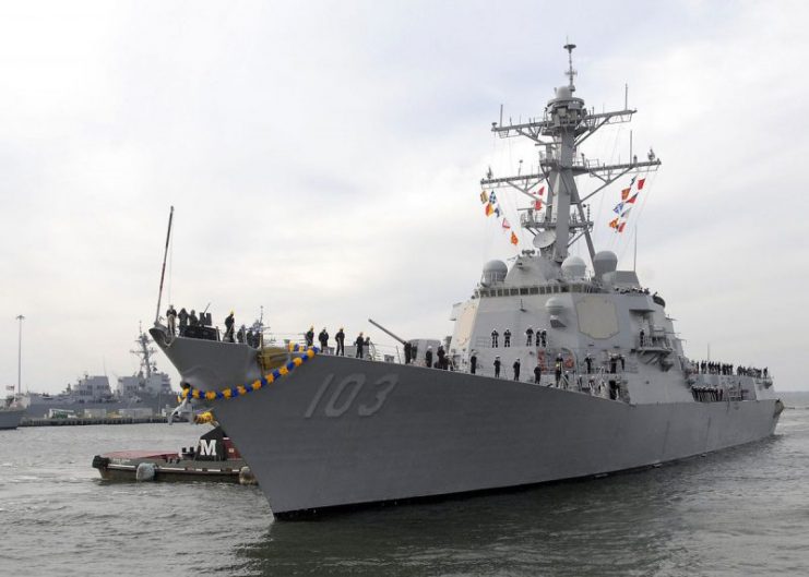 The guided-missile destroyer USS Truxtun (DDG 103) returns to Naval Station Norfolk after a seven-month deployment to the Arabian and Mediterranean Seas.