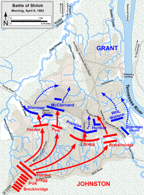 One of a series of three maps of the Battle of Shiloh of the American Civil War. By Hal Jespersen – CC BY 3.0