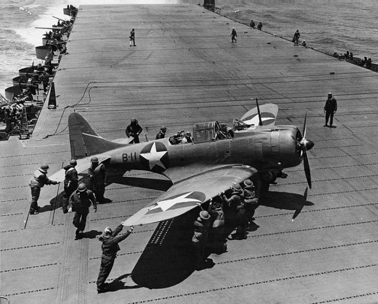 Douglas SBD-3 Dauntless of bombing squadron VB-8 on deck of the aircraft carrier USS Hornet (CV-8) during the Battle of Midway.