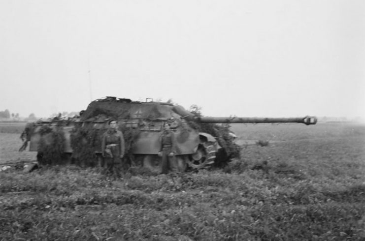 Allied Troops next to a German Jagdpanther near Gheel-Velveeken 1944.