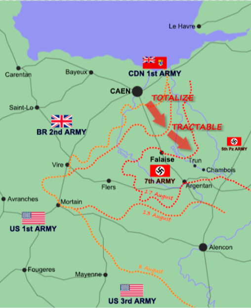 Map of Allied and German positions around Falaise, Normandy from 8-17 August 1944, illustrating the Canadian offensives of Operation Totalize and Operation Tractable. By EyeSerene – CC BY-SA 4.0
