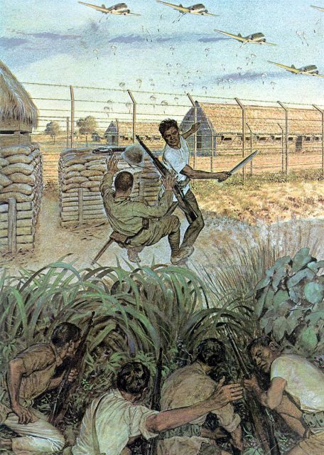 Painting of the Los Banos Raid featuring a Filipino Guerrilla attacking a Japanese soldier.