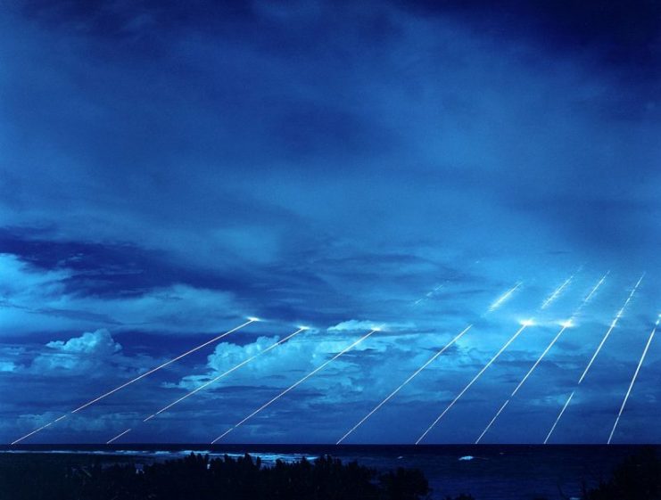 Testing of the Peacekeeper re-entry vehicles at the Kwajalein Atoll. All eight fired from only one missile. Each line, if its warhead were live, represents the potential explosive power of about 300 kilotons of TNT, about nineteen times larger than the detonation of the atomic bomb in Hiroshima.