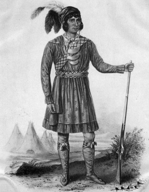 “OSCEOLA, A CHIEF OF THE SEMINOLE INDIANS. The most celebrated character in the Indian Wars of Florida. From a lithograph in McKenney and Hall, History of the Indian Tribes of North America, Philadelphia. 1838.”