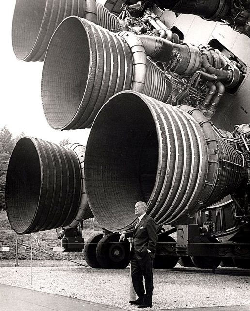 Von Braun with the F-1 engines of the Saturn V first stage at the U.S. Space and Rocket Center