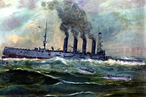 A 1920 watercolor of the sinking of USS San Diego in 1918 by Francis Muller. It show the ship sinking off Fire Island, New York, after she was torpedoed by the German submarine U-156, 19 July 1918.