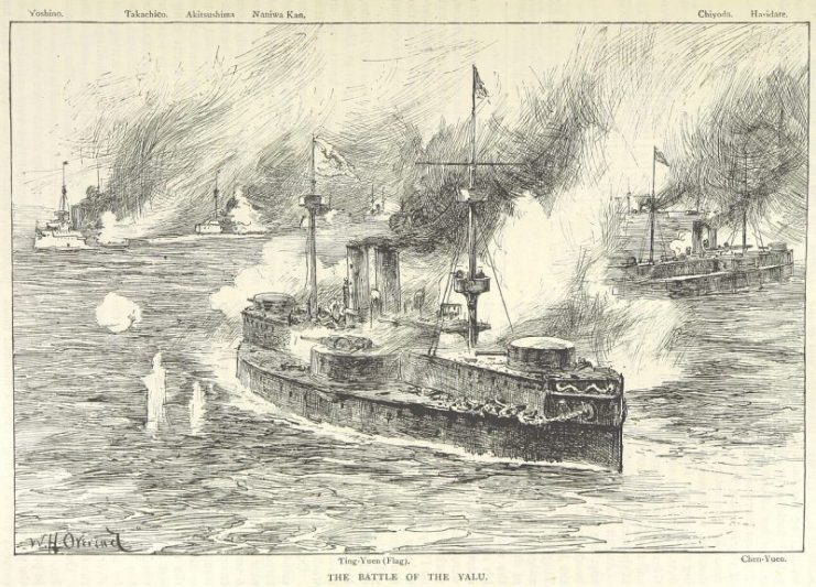 British illustration of Dingyuan and Zhenyuan under fire from the Japanese cruisers