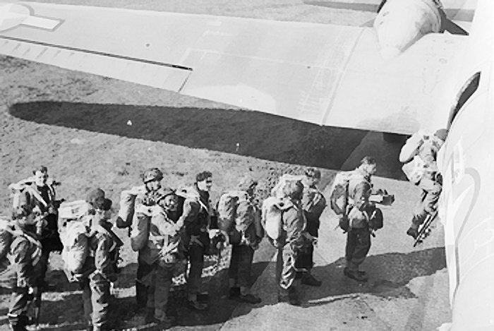 British troops of the 1st Airborne Division emplaning. Troops and equipment were transported to drop zones by 38 Group Royal Air Force and 9th US Transport Carrier Command 17 September 1944.