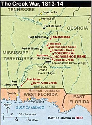 Map of battle sites in the Creek War